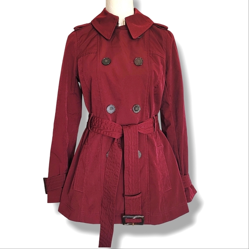 Worthington Dark Red Transitional Coat Jacket Size Small‎ Belted Collared